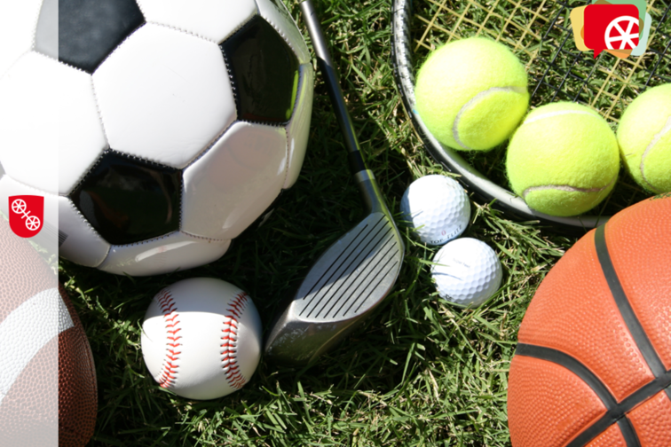 Verschiedene Bälle und Schläger liegen auf einem grünen Rasen