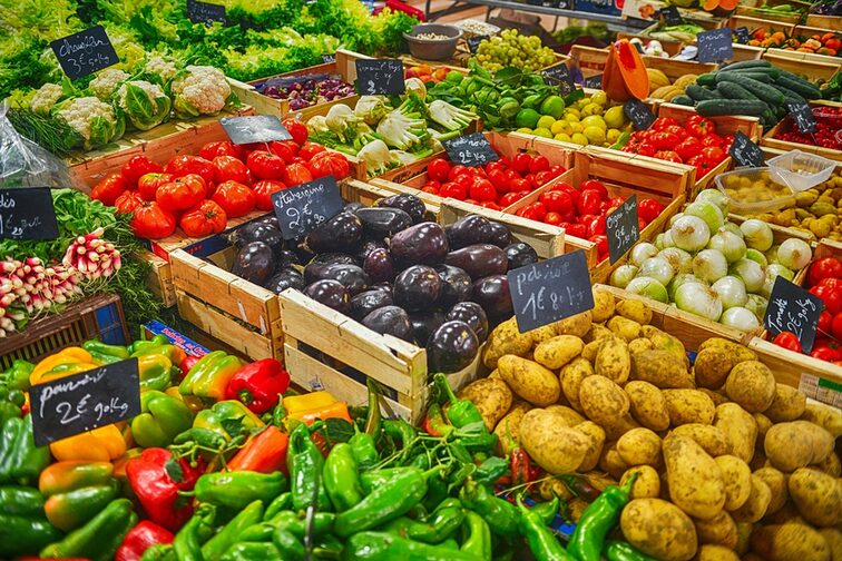 Colorful variety of food at a market stall