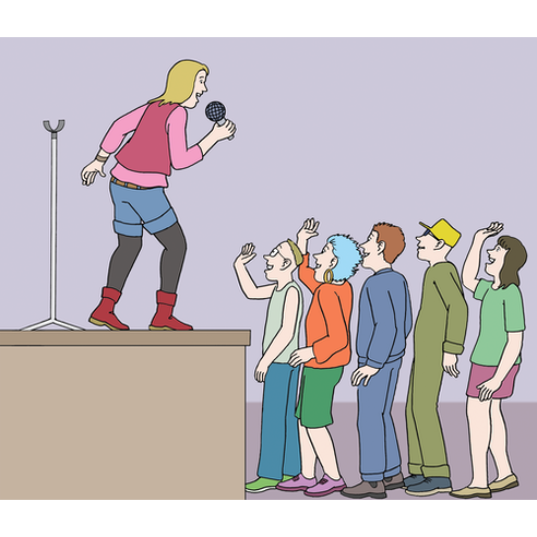 Illustration "Stage, audience": A person stands on a stage holding a microphone, 5 people stand in front of it and cheer.