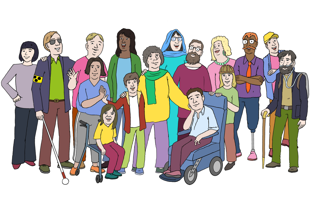 Illustration: Gruppe vieler unterschiedlichen Menschen: Männer, Frauen, Kinder, ältere Menschen, Menschen mit Gehhilfe, Menschen mit Blindenstock, Menschen im Rollstuhl, Menschen aus unterschiedlichen Kulturkreisen