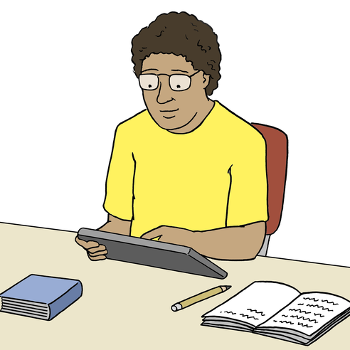 Illustration: Ein Mann hält ein Tablet in den Händen, auf dem Tisch liegen ein aufgeschlagenes Buch mit Notizen, ein Stift und ein Buch.