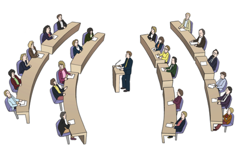 Illustration "Parliament": in the center a person at a standing desk with a microphone, on the left and right two realms with tables at which people are sitting.