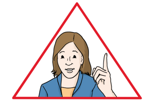 Illustration "Achtung": Ein rotes Dreieck mit einer Frau in der Mitte, die ihren Zeigefinger hebt.