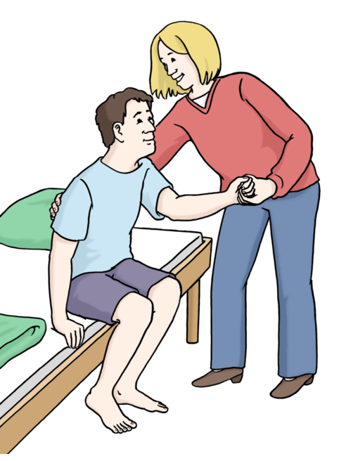 Illustration "Assistance, care": One person sits on a stretcher, another person supports them and holds their hand.