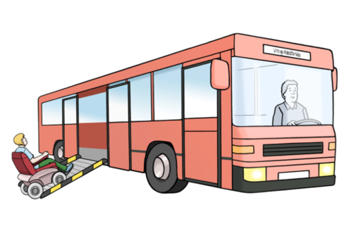 Bus" illustration: A wheelchair user uses a ramp to enter the interior of a bright red bus.