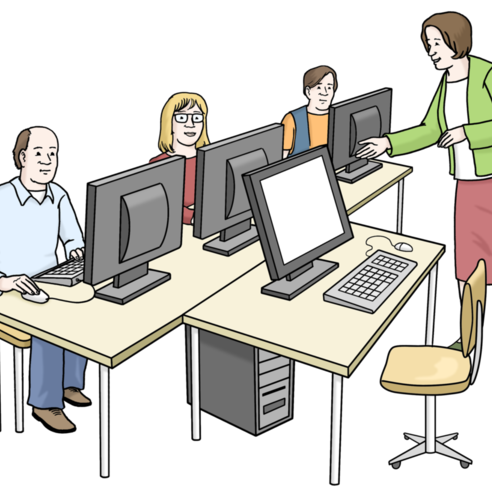 Illustration: Vier Computerarbeitsplätze, an dreien sitzen Menschen, eine Frau steht erklärend vor ihnen.
