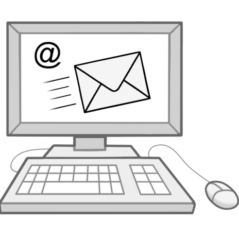 Illustration: Ein Computer mit eingeschaltetem Bildschirm, auf dem eine E-Mail und das @ Zeichen zu sehen sind.