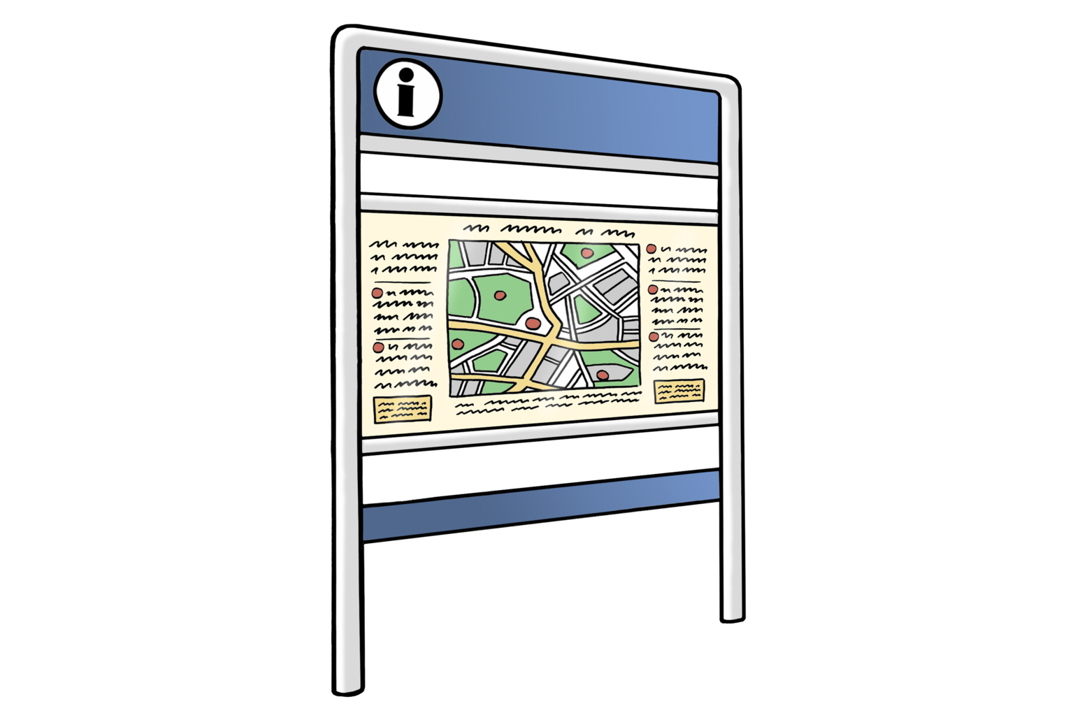 Illustration "Info board": A rectangular board with blue stripes and an "i", an indicated city map with legend.