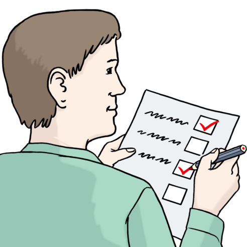 Illustration: Ein Mann harkt Punkte auf einer Liste ab