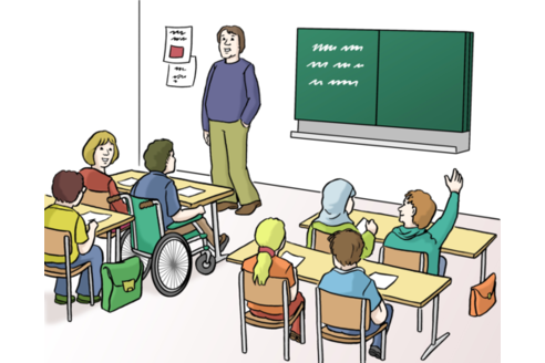 Illustration "School inside": A person stands next to a green blackboard, in front of it seven young people at their desks, sitting on chairs and in a wheelchair.