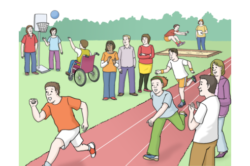 Illustration "Sports festival": Many people are involved in sporting activities - they run, do white jumps, a wheelchair user plays basketball and people stand on the sidelines cheering them on.