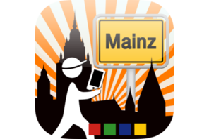 Logo der App MAINZerLEBEN - Figur mit einem Smartphone vor dem Dom © pAppermint Solutions GmbH Wiesbaden/JGU