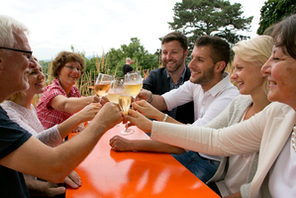 Eine Besuchergruppe prostet sich zu, im Hintergrund der Rhein. © Martina Pipprich