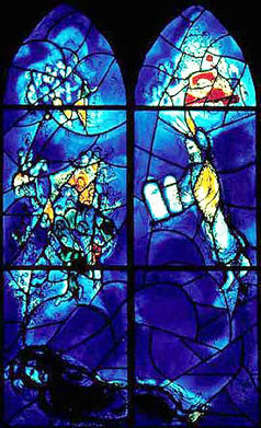 The glowing blue stained glass windows by the artist Marc Chagall