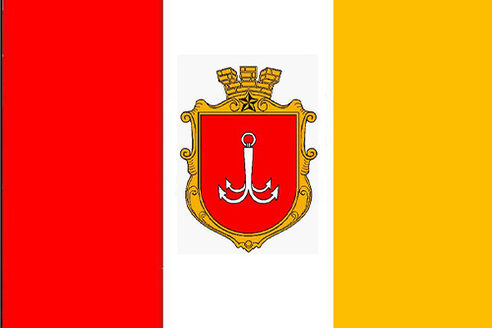 Herb ukraińskiego miasta Odessa w kolorach czerwonym, białym, żółtym z herbem.