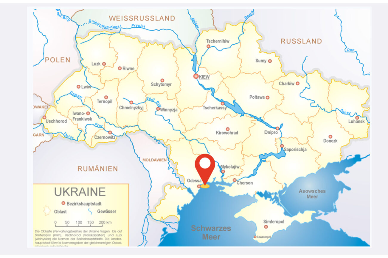 Mapa Urkaine, na której zaznaczono Odessę
