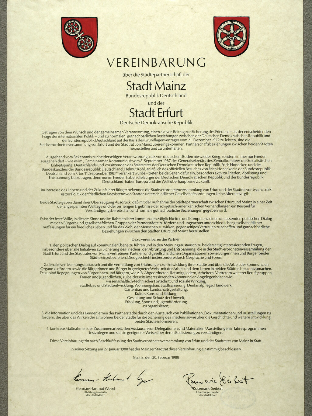 Partnership certificate Mainz-Erfurt 1988