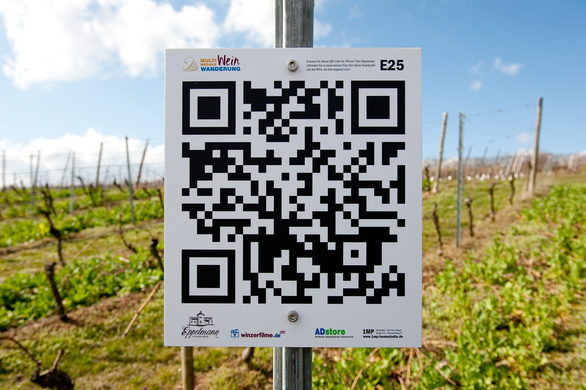 Der QR-Code informiert über Weinsorte, Terroir und aktuellen Standpunkt.