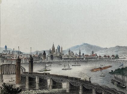 Lithographie (Ausschnitt) mit Stadtansicht von Mainz