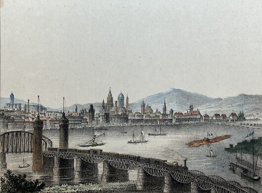 Lithographie (Ausschnitt) mit Stadtansicht von Mainz