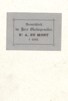 Etikett Vermächtnis des Herr Oberbürgermeitsers Dr. A. Du Mont