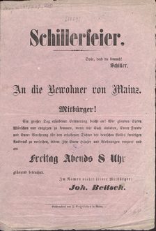 Aushang zur Schillerfeier in Mainz 1859