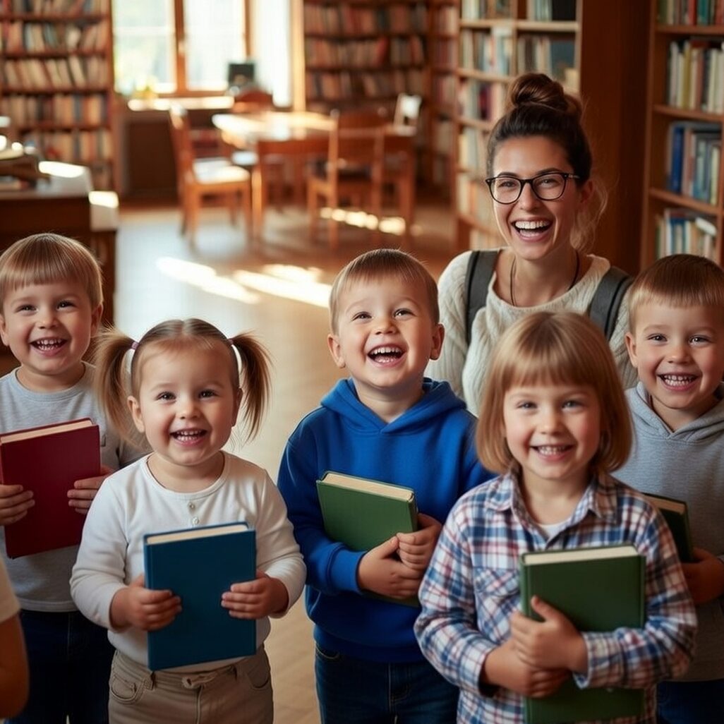 تُظهر الصورة امرأة مع أطفالها في المكتبة
