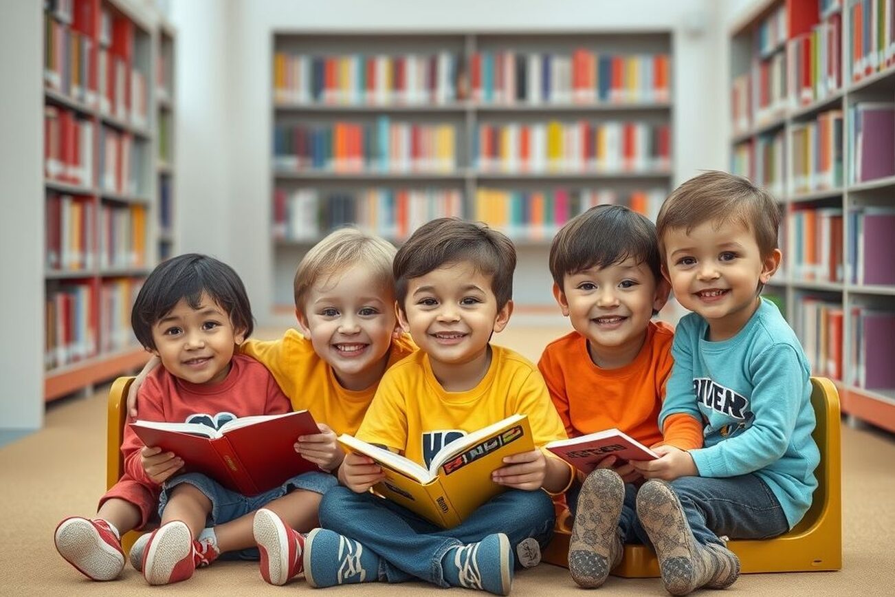 تُظهر الصورة أطفالاً في مكتبة.