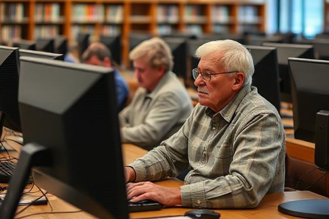 La imagen muestra a personas mayores trabajando con ordenadores