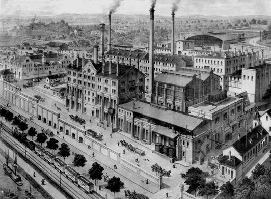 Rheinische Brauerei um 1900. Im Hintergrund der im Hang gelegene und überdachte Eiskellerplatz.