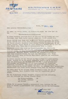 Kundenbrief eines Mainzer Frigidaire-Händlers vom 26.08.1954.