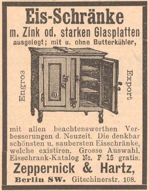 Das Modell von Zeppernick & Hartz aus dem Jahre 1895 repräsentiert den Standardtyp eines Eisschrankes um 1900.