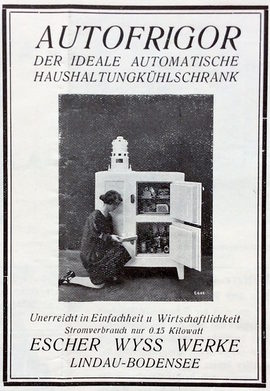 Der 1914 von Escher-Wyss entwickelte „Autofrigor“ wurde ab 1922 in Lindau hergestellt. Er lief „vollkommen automatisch“, was nur wenige Geräte konnten, benötigte aber Wasserschluss.