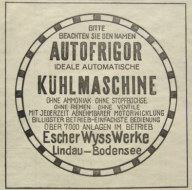 Werbung für den „Autofrigor“ und dessen „ideale automatische Kühlmaschine“ in der „Süddeutschen Molkerei-Zeitung“ von 1927.