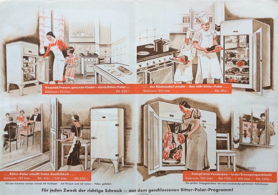 Bitter-Polar produzierte seit den dreißiger Jahren in Kassel. Der Leipziger Maler Ulrich Illemann stellte 1934 für einen Firmenprospekt die Kühlschränke und deren Anwendung vor.