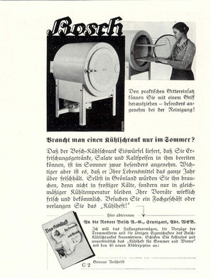 Bosch stellte 1933 sein erstes Kühlgerät in Form einer Trommel vor. Das Konzept setzte sich nicht durch. 1935 kam ein vierfüßig eckiger Schrank auf den Markt.