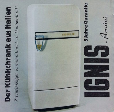 Prospekt von 1958. Der italienische Hersteller Ignis kam Mitte der fünfziger Jahre auf den deutschen Markt. Zanussi, Indesit und Zoppas sahen hier ebenfalls Chancen für ihre Produkte im auffälligen Design.