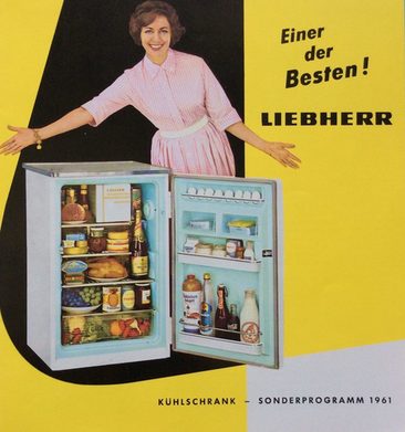 Broschüre von 1961. Liebherr stellte 1954 erstmals Kühlschränke her und begann 1955 mit der Seriefertigung. Die „Einrichtungswelle“ der späten fünfziger Jahre bot gute Verkaufschancen.