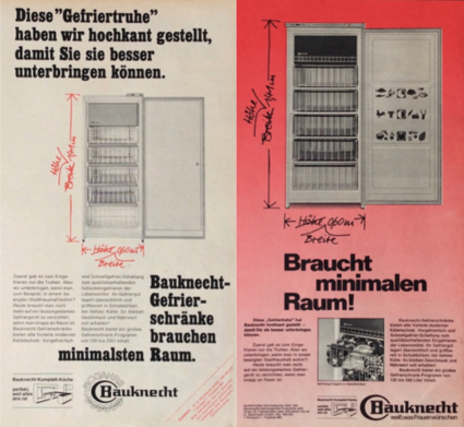 Bauknecht stellte 1969 Gefrierschränke vor. Schon 1964 hatte das Unternehmen mit dem Einfrieren in Schubladen geworben: „das gibt es nur bei Bauknecht“.