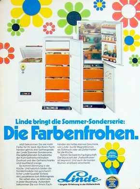 In der Linde-Werbung von 1976 war Tiefkühlen bereits selbstverständlich. Jetzt ging es nur noch um die attraktive Farbe der Geräte.