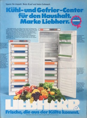 Liebherr warb 1977 mit „Frische, die aus der Kälte kommt“. Der Gefrierschank hat die Truhe abgelöst. Das große Produktangebot verlangte eine übersichtliche Lagerung.