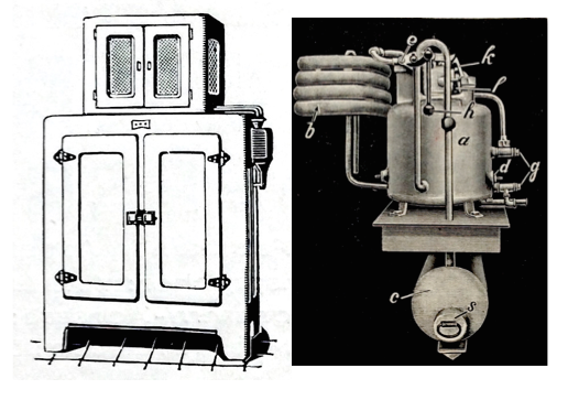 „Polarstern“ von Eisfink, Asperg, 1927: Schrankansicht und Bild des Aggregats. Es ist unter dem Kasten auf dem Schrank verborgen und besteht aus Kocher mit Kondensator sowie dem Verdampfer, der im Schrankinneren liegt.
