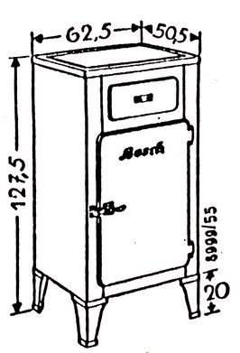 Kühlschrank der Firma Bosch, Stuttgart, um 1936: Die Geräte werden kompakt. Noch liegt der Motor oben und der Schrank steht auf Füßen.