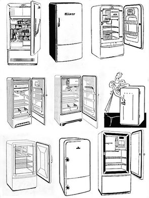 Modelle der fünfziger Jahre: Ate 300l, Frigor 100l, Bosch 110l, Linde 360l, AEG 210l, Saba 180l, BBC 145l, Alaska 60l, Bosch 100l.