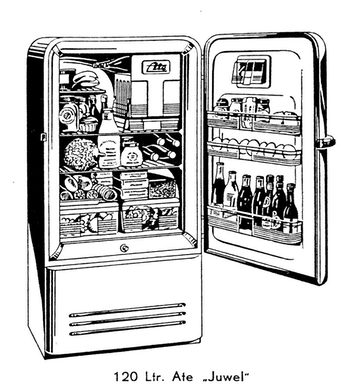 Kühlschrank der Firma Teves, Frankfurt, 1954. Die Schranktür des „Ate-Juwel“ bot mit einer Innenfläche aus Kunststoff zusätzlichen Lagerplatz.