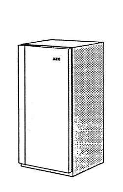 Kühlschrank der Firma AEG, 1959, Werksentwurf: Die Küchenplanung erfolgte auf der Basis der DIN 18022 für die Küche. Das wirkte sich beim Mobiliar auf Form und Maßverhältnisse aus.