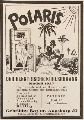 Die Polaris-Werbung von 1927 bringt arktische Kälte und afrikanische Hitze zusammen. Der Bildentwurf ist vermutlich von der Kunstanstalt Friedrich Endreß in Augsburg.