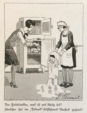 Das Bild des im Polaris-Kühlschrank eingefrorenen Jungen hat der Berliner Maler und Karikaturist Paul Simmel (1887-1933) geschaffen.