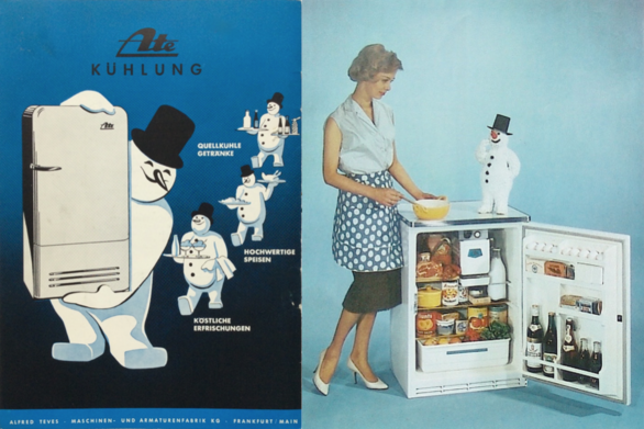 Das Schneemannmotiv wurde in den dreißiger Jahren für „Ate“-Kühlschränke entwickelt. 1935 gab es den Schneemann als Salzstreuer aus Porzellan. Mit der Figur wurde noch in den fünfziger Jahren geworben.