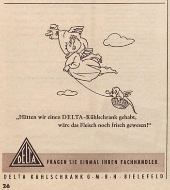 Die Delta-Werbung von 1954 illustriert die fatalen Folgen des Verzehrs von nicht kühl gelagertem Fleisch.